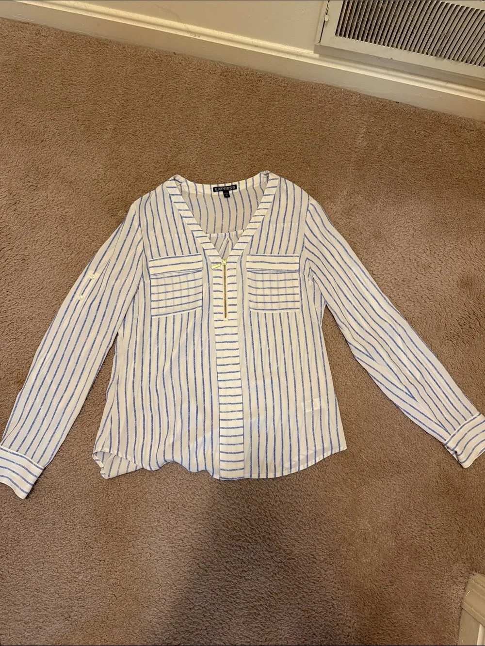 Striped V-Neck Women's Blouse - White & Blue